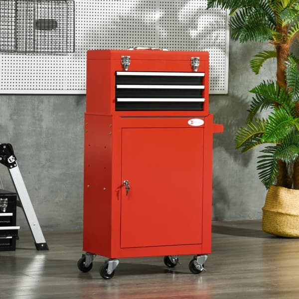 Rootz 2-i-1 Værktøjsvogn - Mobilvogn - Værktøjsskab - 3 skuffer - Værktøjstavle - Stålhus - Rød - 46L x 28W x 94H cm