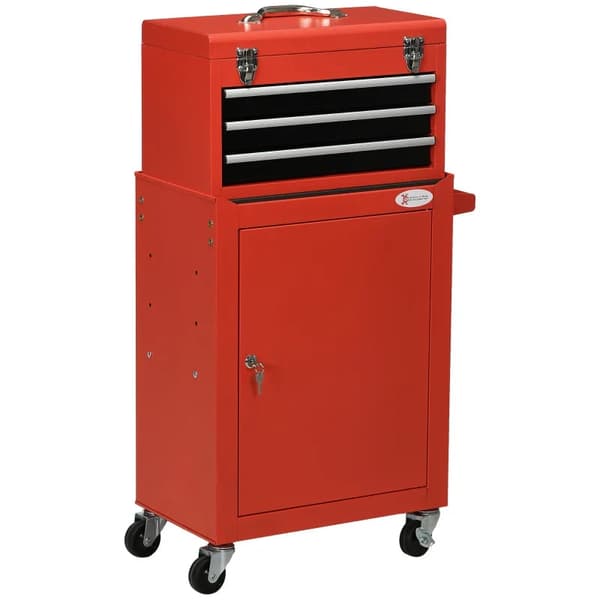 Rootz 2-i-1 Værktøjsvogn - Mobilvogn - Værktøjsskab - 3 skuffer - Værktøjstavle - Stålhus - Rød - 46L x 28W x 94H cm