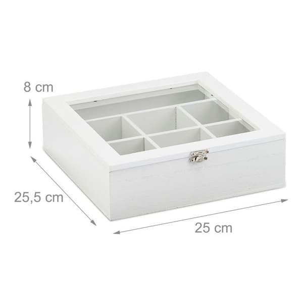 Relaxdays Te-box, trädeffekt, 7 fack för förvaring av tepåsar, presentkartong med fönster, HxBxD: 8x25x25,5 cm, vit