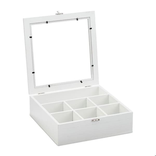 Relaxdays Te-box, trädeffekt, 7 fack för förvaring av tepåsar, presentkartong med fönster, HxBxD: 8x25x25,5 cm, vit