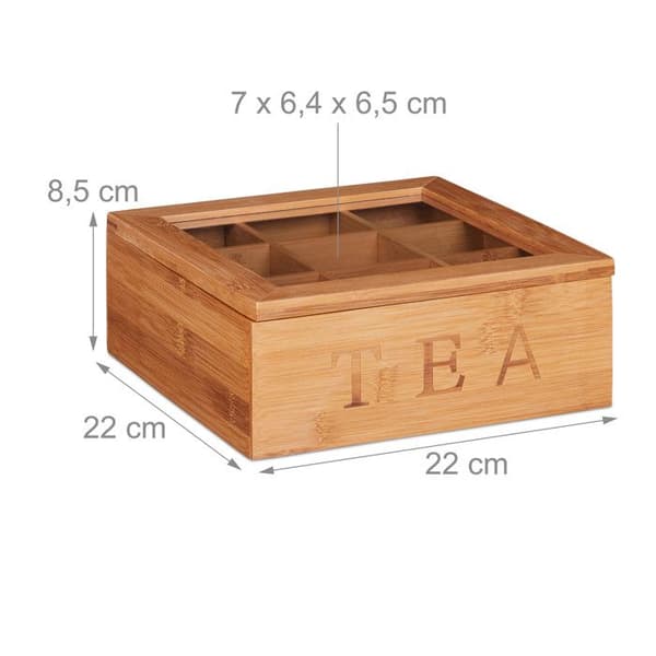 Relaxdays Bamboo Tea Caddy, visningsfönster, tekista, trä, 9 fack, HLP 8,5 x 22 x 22 cm, natur