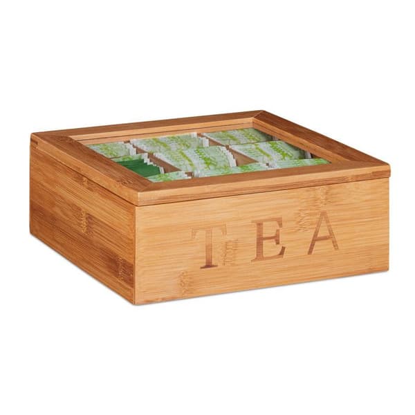Relaxdays Bamboo Tea Caddy, visningsfönster, tekista, trä, 9 fack, HLP 8,5 x 22 x 22 cm, natur