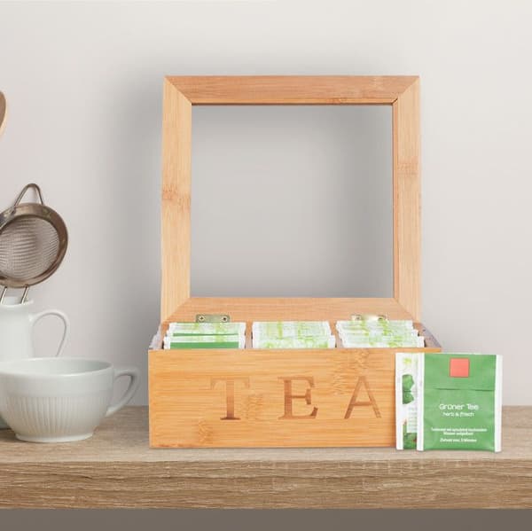 Relaxdays Bamboo Tea Caddy, visningsfönster, tekista, trä, 9 fack, HLP 8,5 x 22 x 22 cm, natur