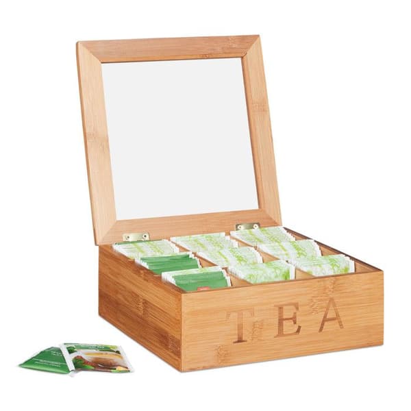 Relaxdays Bamboo Tea Caddy, visningsfönster, tekista, trä, 9 fack, HLP 8,5 x 22 x 22 cm, natur
