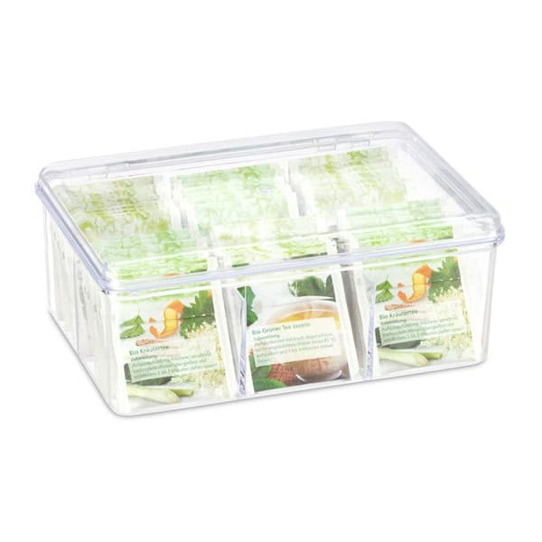 Relaxdays teask, ask, 90 tepåsar, lock, 6 fack, HxBxD: 9 x 21,5 x 14,5 cm, transparent