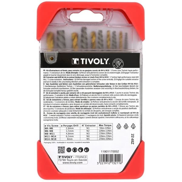 Extracteur - TIVOLY - Professionell set - 10 delar - 5 borr - 5 bultutdragare