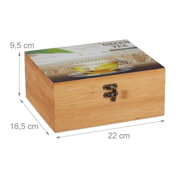 Relaxdays Bamboo Tea Box, Box, 72 tepåsar, Lock, 6 fack, HxBxD: 9,5 x 22 x 18,5 cm, Natural