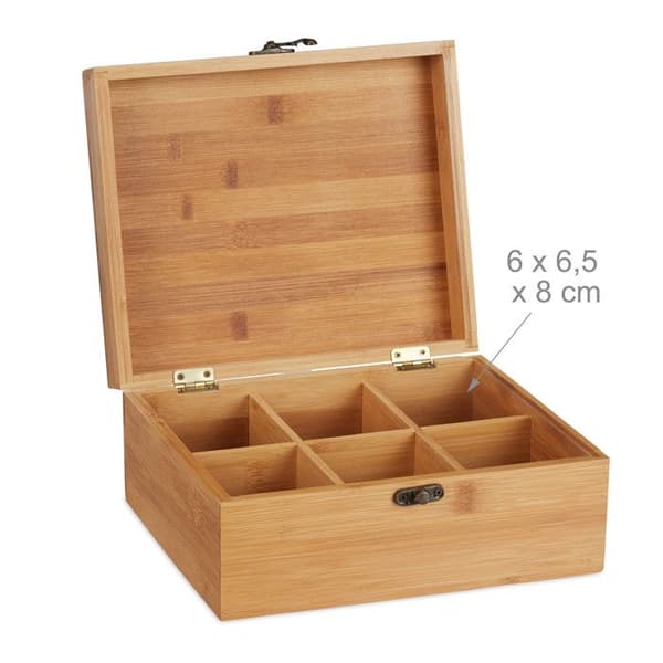 Relaxdays Bamboo Tea Box, Box, 72 tepåsar, Lock, 6 fack, HxBxD: 9,5 x 22 x 18,5 cm, Natural