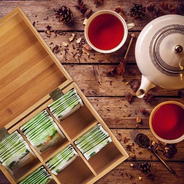 Relaxdays Bamboo Tea Box, Box, 72 tepåsar, Lock, 6 fack, HxBxD: 9,5 x 22 x 18,5 cm, Natural