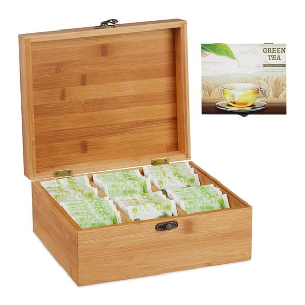 Relaxdays Bamboo Tea Box, Box, 72 tepåsar, Lock, 6 fack, HxBxD: 9,5 x 22 x 18,5 cm, Natural