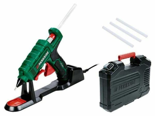 Coffret förbrukningsvara Parkside PHD 500 E3, trådlös varm limpistol, inklusive 3 limstavar på 18 cm och en verktygslåda.
