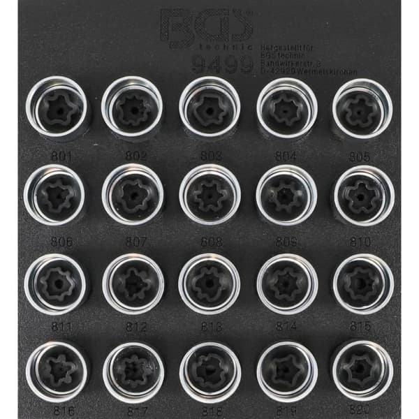 Justeringsverktygssats - BGS Technic - 20 stycken - Uttag för fälgmuttrar - Stål - 17 mm