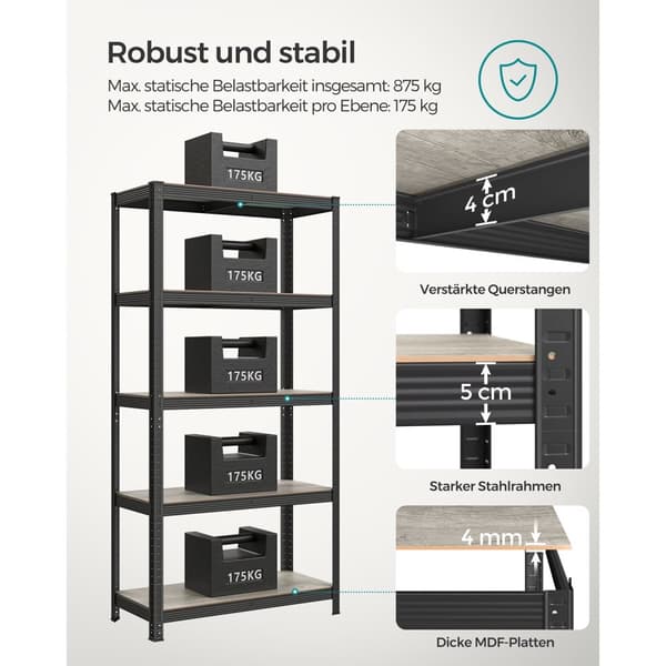 Justerbar stående planke - 5 planker - 40 × 90 × 180 cm - Grå og sort
