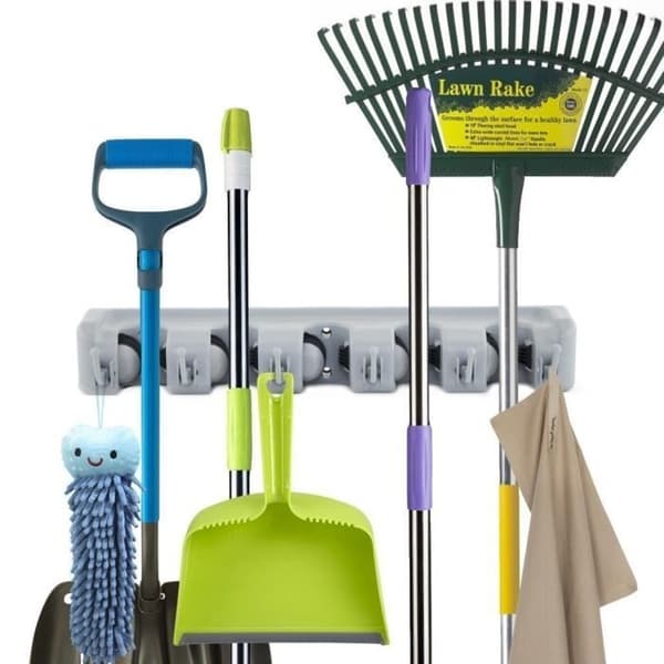 Kvasthållare, SPAHshop Väggmonterad Kvasthållare med 5 spår och 6 Multi-Stain krokar, Mopp Krok Förvaringshållare