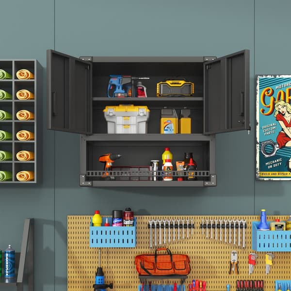 Väggmonterat verktygsskåp i metall med dörr och hylla, låsbart väggskåp för garage, verkstad och kontor, miljövänligt och robust, 77×80×30 cm