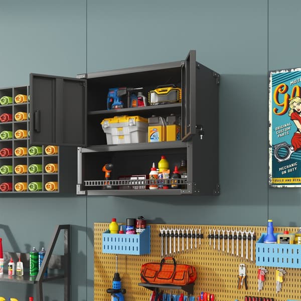 Väggmonterat verktygsskåp i metall med dörr och hylla, låsbart väggskåp för garage, verkstad och kontor, miljövänligt och robust, 77×80×30 cm