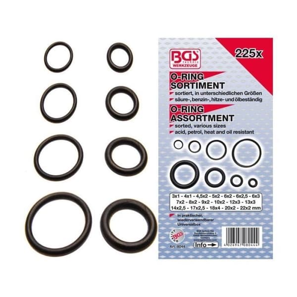Sortiment av o-ringar - Ej specificerat - Ø 3 - 22 mm - 225 stycken - Akrylgummi (NBR) - 130 g