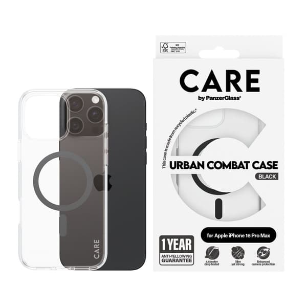 PanzerGlass CARE by ® Flagship-cover Transparent Urban Combat med sort MagSafe til iPhone 16 Pro Max