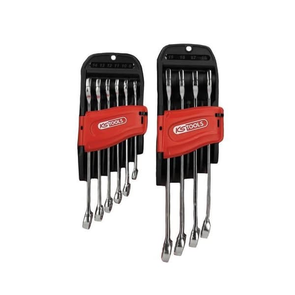 10-delars blandad metrisk nyckelset - KS TOOLS - 922.0050 - På hållare - 8 till 19 mm - Gaffel och öga lutat 15°