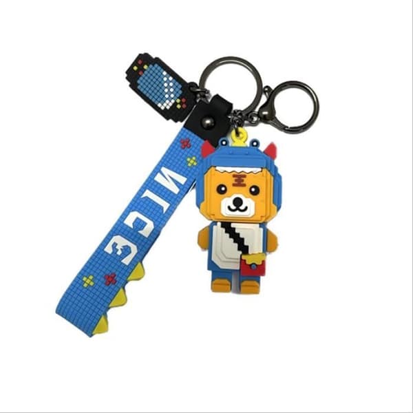 Kreativ pixel vind tecknad kors klänning liten tiger silikon nyckelring metall nyckelring ring söt väska hänge blå nyckelring