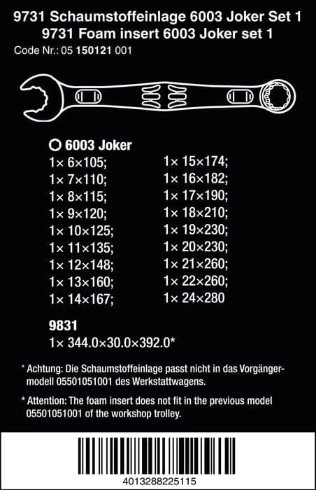 Wera kombinyckel - 05150121001 - Skuminsats 9731, set 6003 Joker 1, 19 delar, Krom, Matt