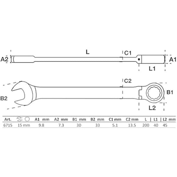 Kombinationsnyckel med ratchet - BGS - 6715 - Krom-vanadium stål - 15 mm - 12 pans