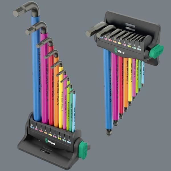 Nyckelset med böjda hylsor - WERA - 950/9 Hex-Plus - 9 delar - Plastöverdrag - Färgkodning