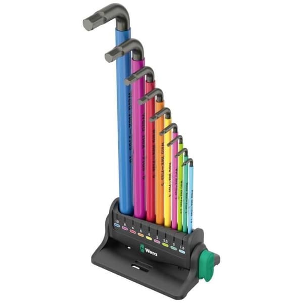 Nyckelset med böjda hylsor - WERA - 950/9 Hex-Plus - 9 delar - Plastöverdrag - Färgkodning