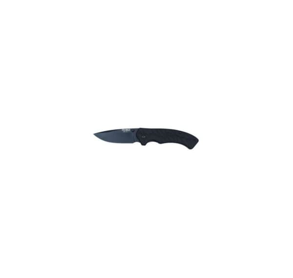 Vikbar kniv i rostfritt stål med 77 mm blad, svart handtag. Irimo blister