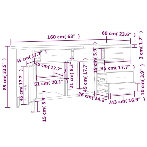 vidaXL arbejdsbord 120x60x85 cm stål sort