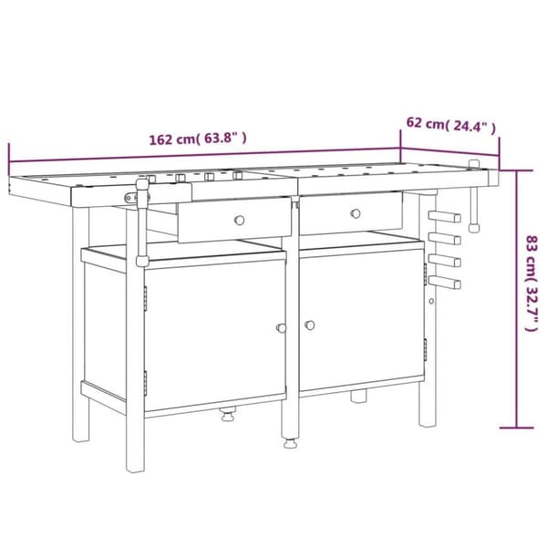 vidaXL Arbeidsbenk skuffer og skrustikker 162x62x83 cm heltre akasie