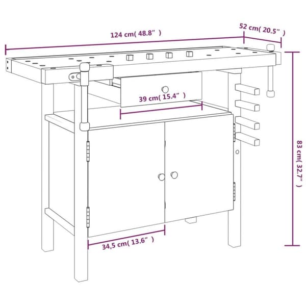 vidaXL arbejdsbord skuffe og skruestik 124x52x83 cm massivt akacietræ