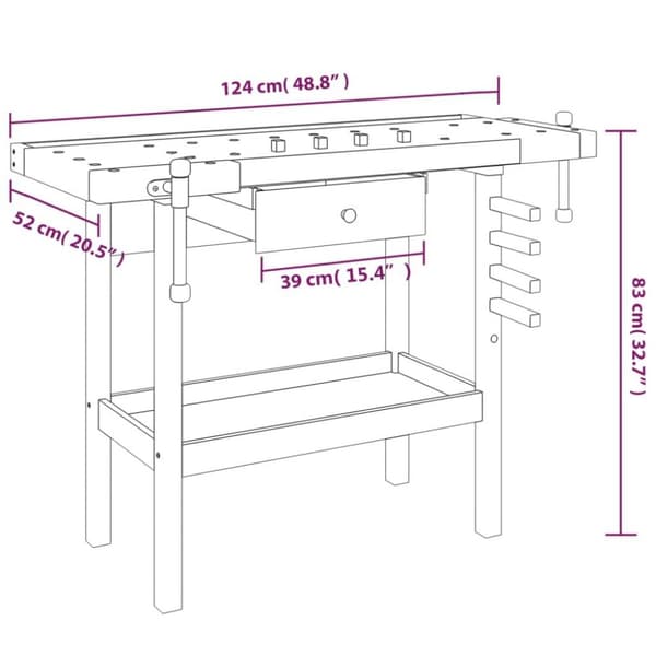 vidaXL Työpenkki ruuvipuristimilla 124x52x83 cm täysi akasiapuu