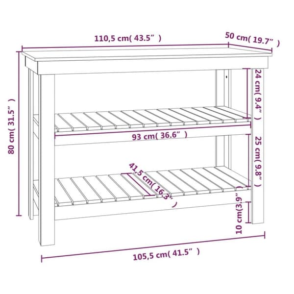 vidaXL Työpenkki hunajanruskea 110,5x50x80 cm täysi mänty