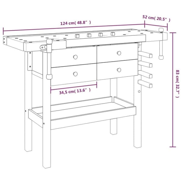 vidaXL Työpenkki ruuvipuristimilla 124x52x83 cm täysi akasiapuu