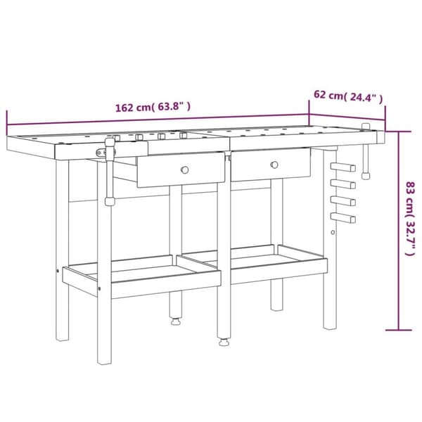 vidaXL arbejdsbord m. skuffer + skruestik 162x62x83 cm massivt akacie