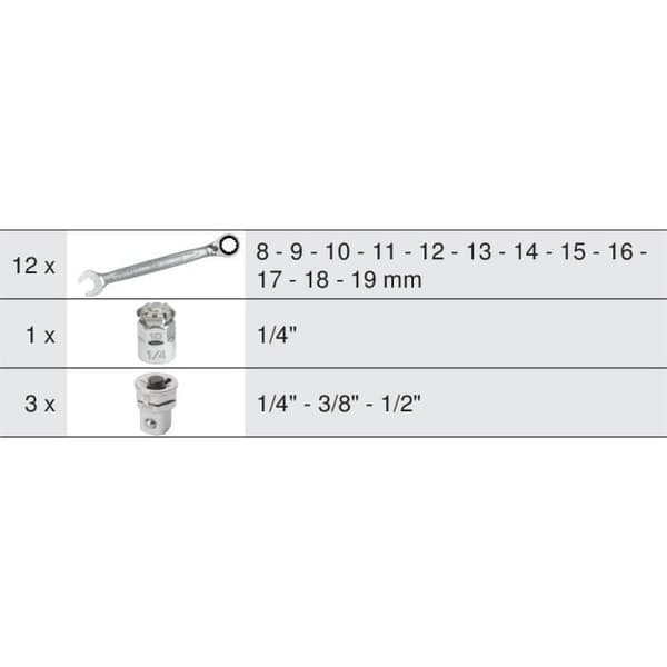 Modul - KS TOOLS - 713.2027 - Modul för blandade ringnycklar med reversibel spärr Gearplus - Med adaptrar - 16 delar