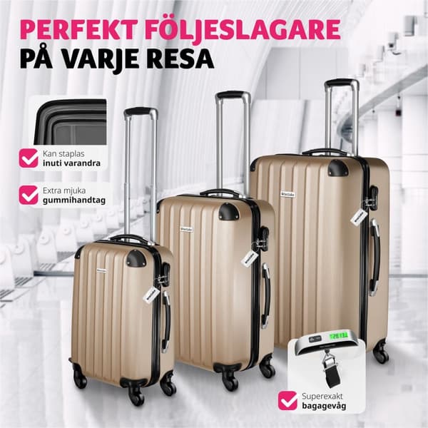 3-delars resväskeset Talia med bagagevåg och bagagetaggar - champagne
