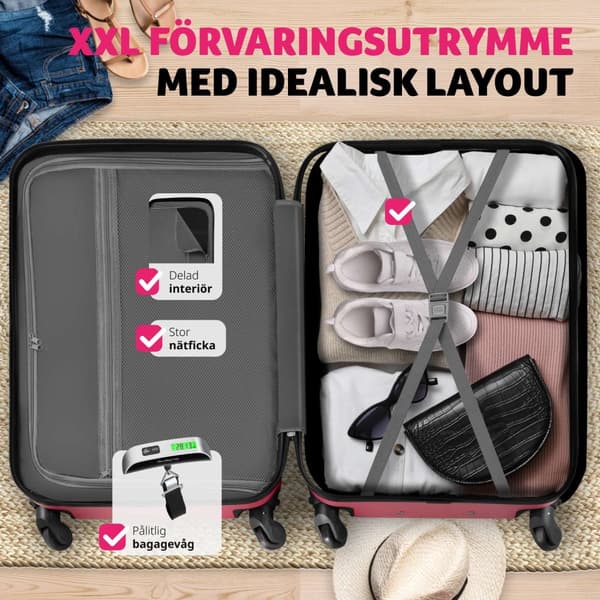 3-delars resväskeset Talia med bagagevåg och bagagetaggar - vinröd