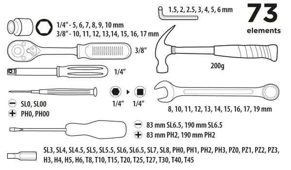 Værktøjssæt 1/4", 3/8" 73 stk.