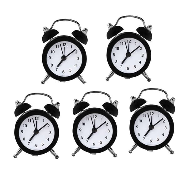 Set med 5 roliga små väckarklockor (svart, batteri)