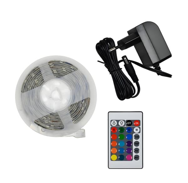 Fleksibel LED strip (3 meter, flerfarvet RGB) med adapter og fjernbetjening