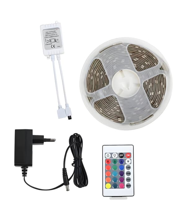 Flexibel LED-remsa (vattentät, 5 meter, flerfärgad RGB) med adapter och fjärrkontroll