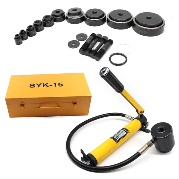 Hydraulisk knockout-punchverktyg, 15 ton kapacitet, 10 skärstansar,Gul