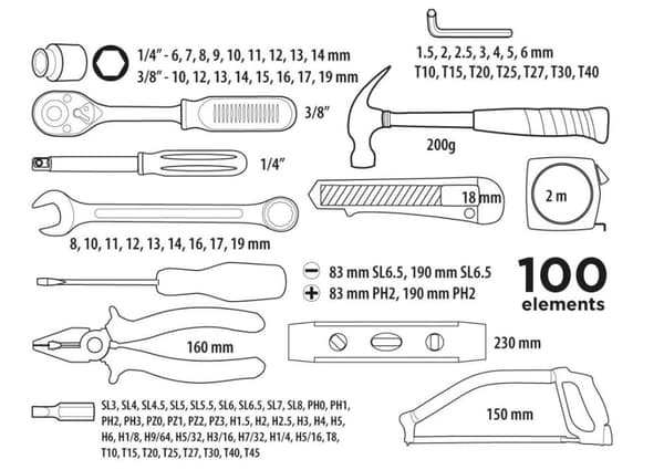 Top Tools 1/4", 3/8" verktygssats, 100 delar