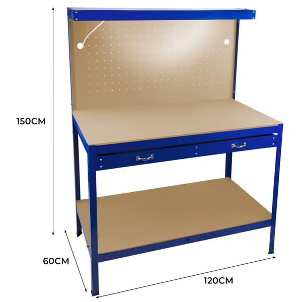 Workbench with Tool Board, Drawer & Lamp Steel Workshop DIY Work Table Tool Storage Station 370 kg Capacity 40 Hooks Rubber Mallet Black Red Blue
