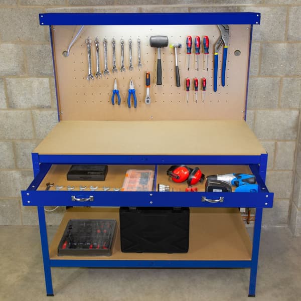 Workbench with Tool Board, Drawer & Lamp Steel Workshop DIY Work Table Tool Storage Station 370 kg Capacity 40 Hooks Rubber Mallet Black Red Blue