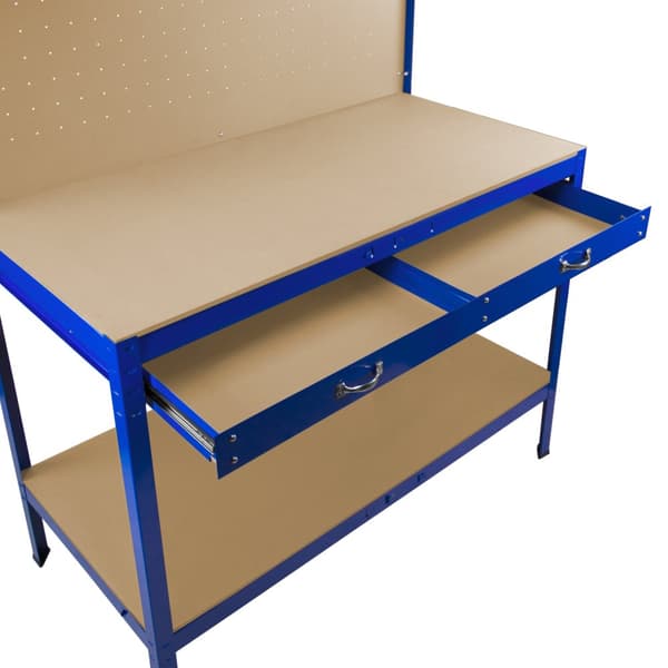 Workbench with Tool Board, Drawer & Lamp Steel Workshop DIY Work Table Tool Storage Station 370 kg Capacity 40 Hooks Rubber Mallet Black Red Blue