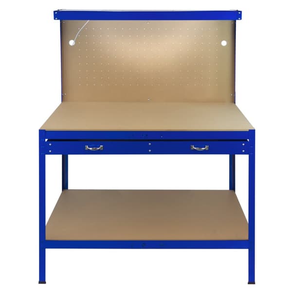 Workbench with Tool Board, Drawer & Lamp Steel Workshop DIY Work Table Tool Storage Station 370 kg Capacity 40 Hooks Rubber Mallet Black Red Blue