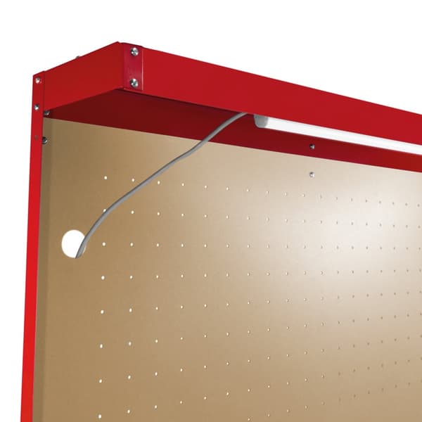 Arbejdsbord med værktøjstavle, skuffe og lampe Stålværksted DIY Arbejdsbord Værktøjsopbevaringsstation 370 kg Kapacitet 40 kroge Gummihammer Sort Rød